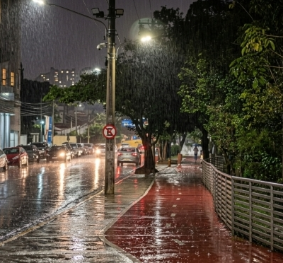 Rua sob chuva forte, ilustrando o alerta meteorológico em Itaperuna
